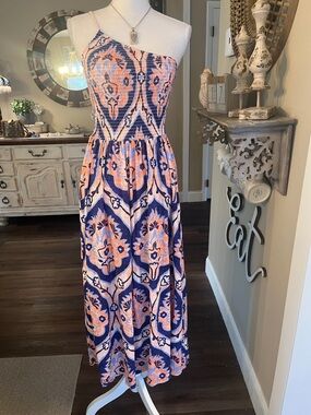 Moon River One-Shoulder Maxi Dress in Peach and Navy